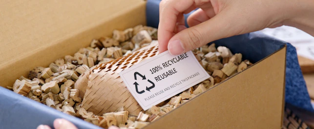 Dłoń sięgająca po etykietę informującą o materiałach do recyklingu w kartonowej paczce z papierowym wypełnieniem.